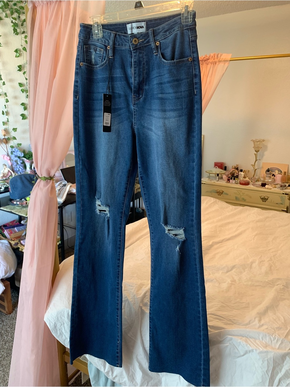 Fashion Nova Women’s Dark Blue Distressed Flare Jeans